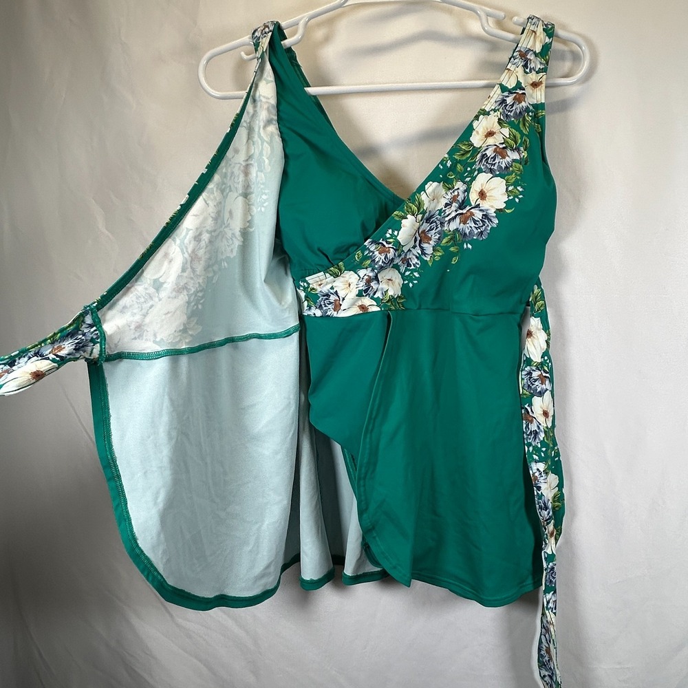 Land's End Women's Petite 4 Side Tie Mini Green Floral Swim Dress Swimsuit 1-pc - Picture 5 of 10